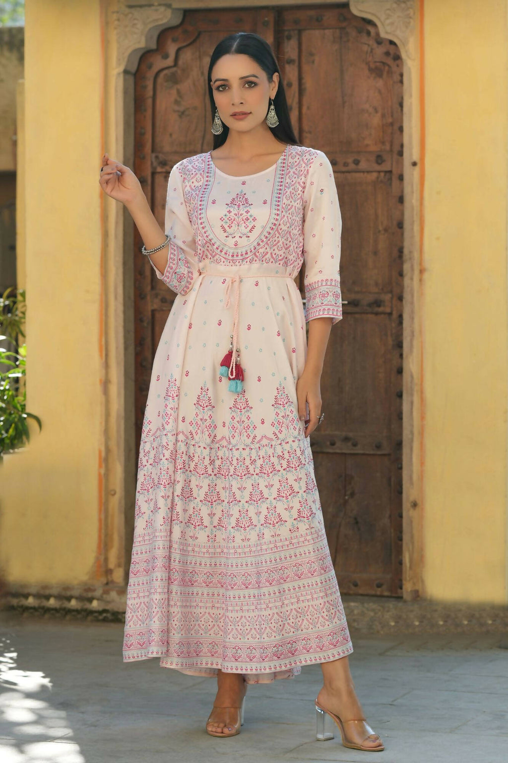 Juniper Women's Pink Viscose Shantoon Festive Printed Flared Dress | Grocsy