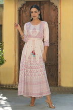 Juniper Women's Pink Viscose Shantoon Festive Printed Flared Dress | Grocsy