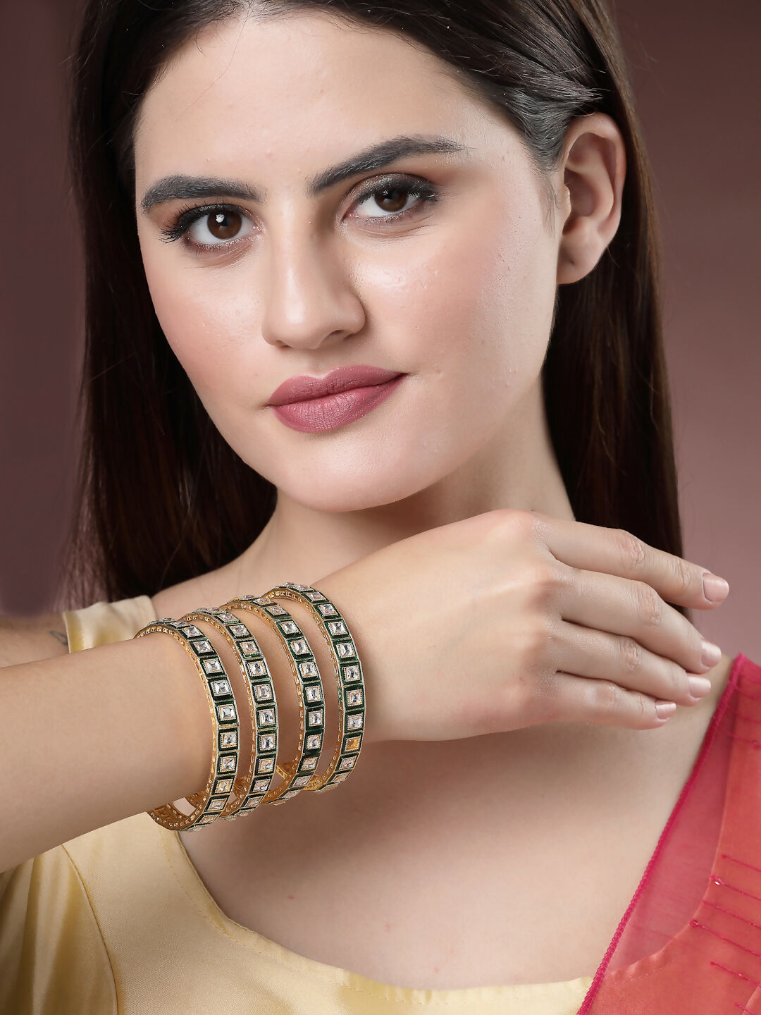 NVR Women's Set Of 4 Gold-Polished Green Kundan-Studded Traditional Bangles | Grocsy