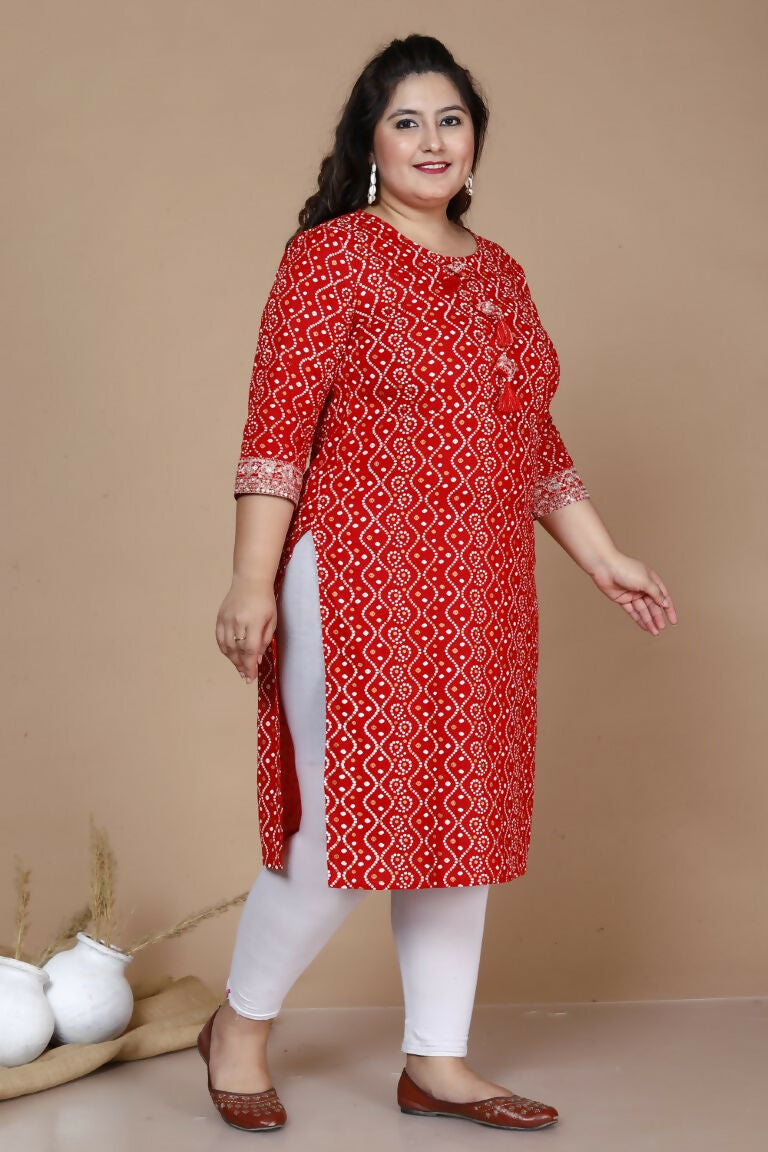 Miravan Women's Plus Size Festive Wear Red Bandhani Printed Straight Kurta | Grocsy