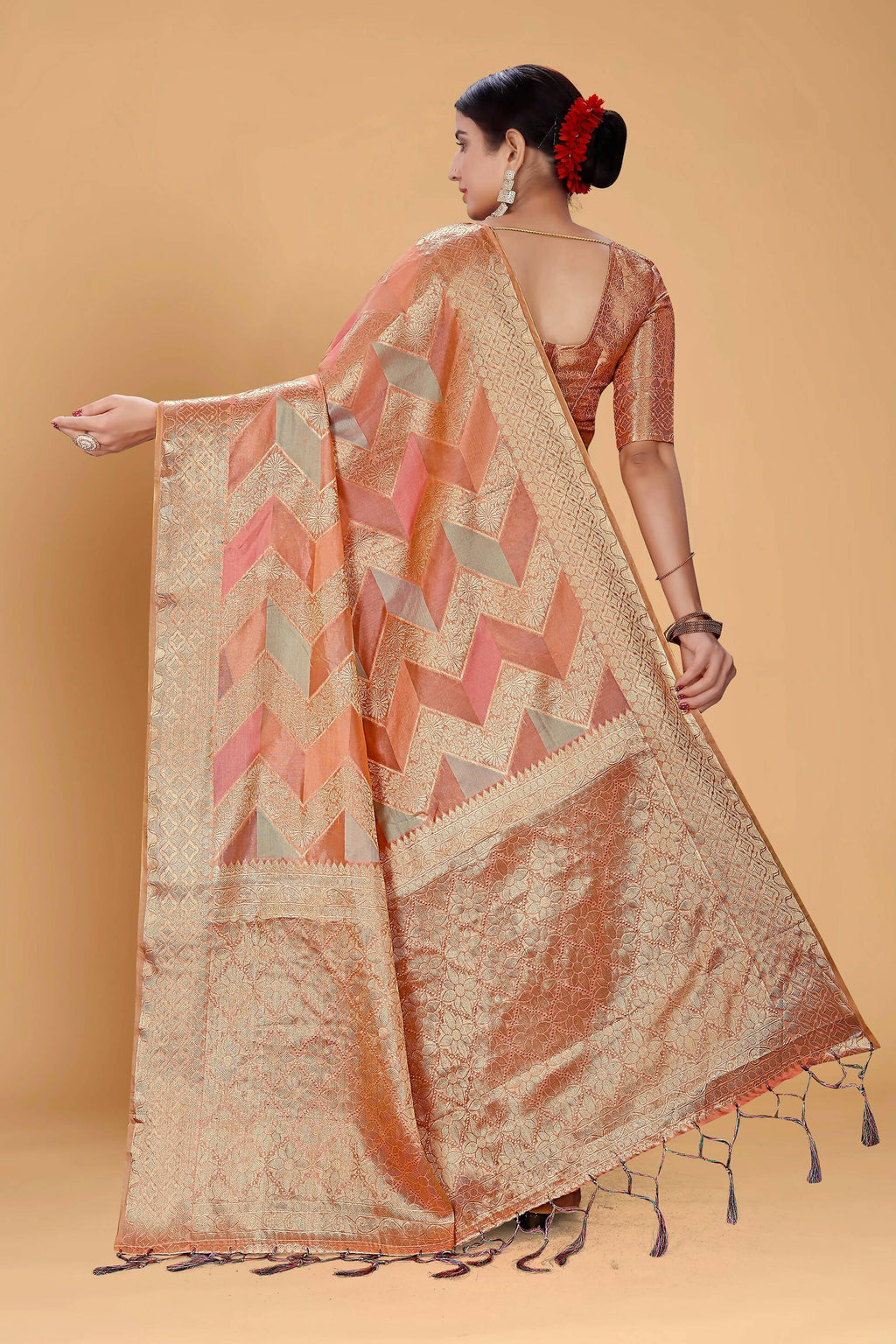 Peach Soft Organza Woven Design Saree With Unstitched Blouse Piece - Zaara | Grocsy
