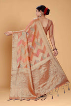 Peach Soft Organza Woven Design Saree With Unstitched Blouse Piece - Zaara | Grocsy