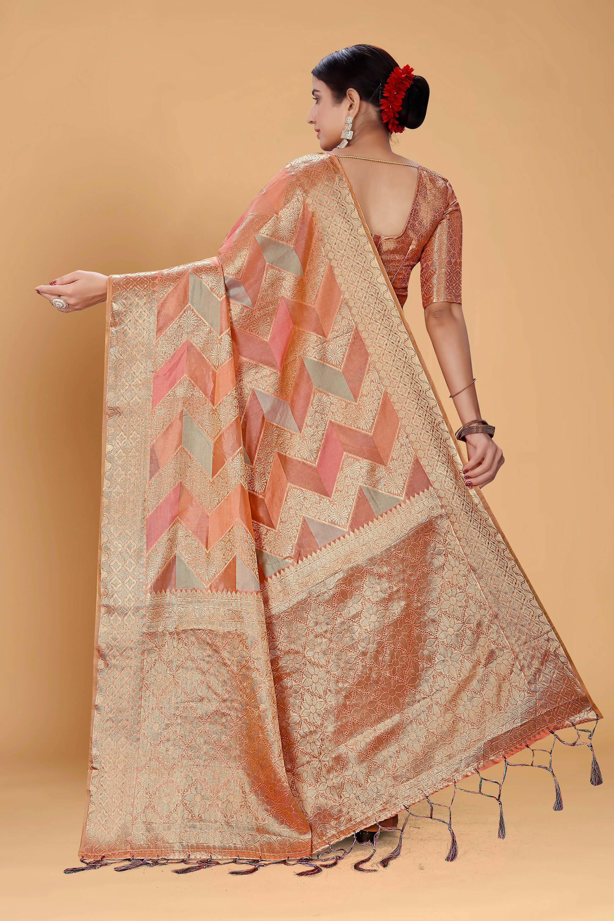 Peach Soft Organza Woven Design Saree With Unstitched Blouse Piece - Zaara | Grocsy