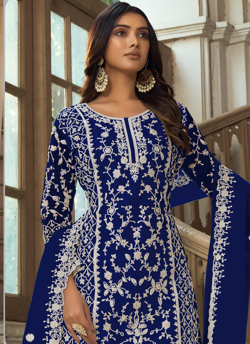 Vegaa Fashion Blue Premium Net Embroidered Traditional Palazzo Suit | Grocsy