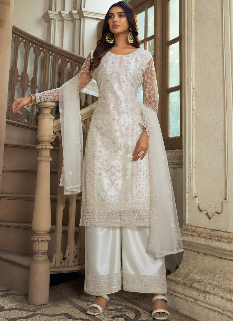 Vegaa Fashion White Premium Net Embroidered Traditional Palazzo Suit | Grocsy