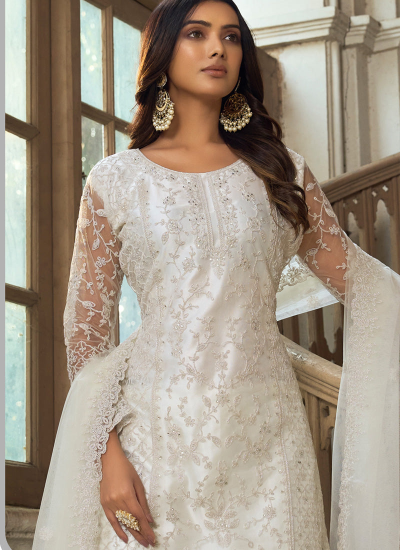 Vegaa Fashion White Premium Net Embroidered Traditional Palazzo Suit | Grocsy
