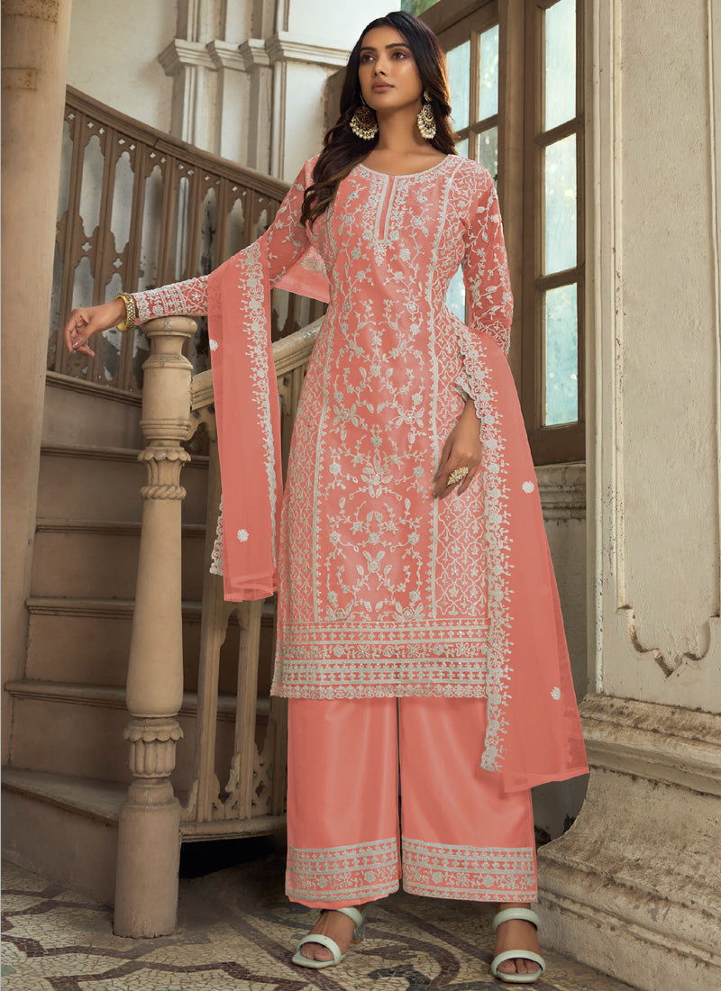Vegaa Fashion Light Orange Premium Net Embroidered Traditional Palazzo Suit | Grocsy