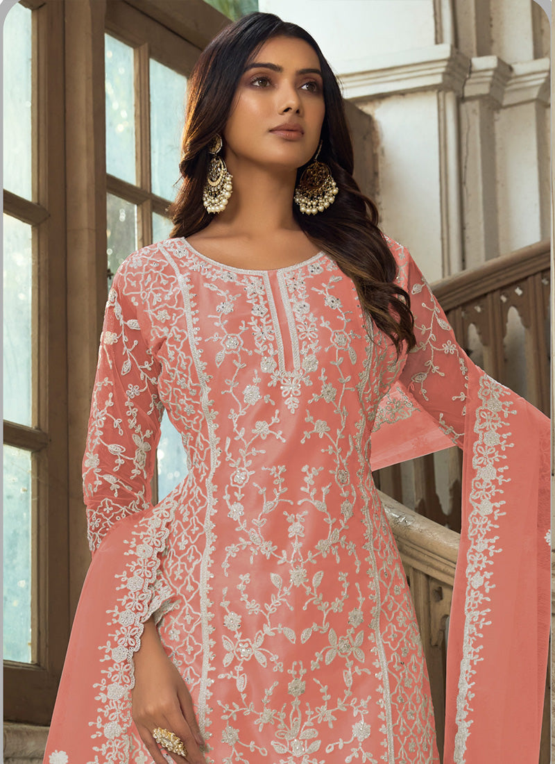 Vegaa Fashion Light Orange Premium Net Embroidered Traditional Palazzo Suit | Grocsy