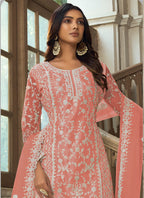Vegaa Fashion Light Orange Premium Net Embroidered Traditional Palazzo Suit | Grocsy