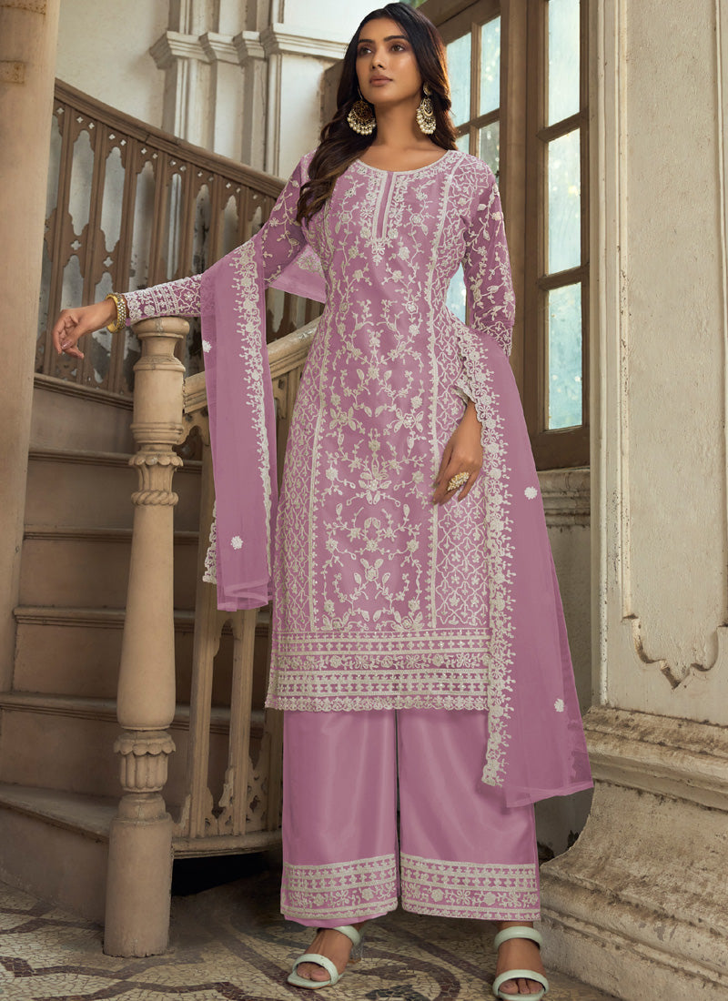 Vegaa Fashion Lavender Premium Net Embroidered Traditional Palazzo Suit | Grocsy