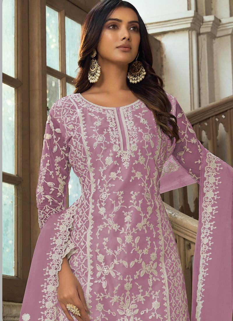 Vegaa Fashion Lavender Premium Net Embroidered Traditional Palazzo Suit | Grocsy