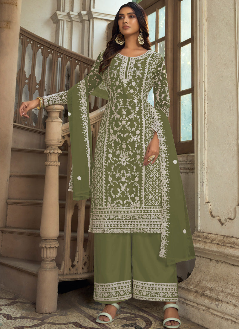 Vegaa Fashion Olive Premium Net Embroidered Traditional Palazzo Suit | Grocsy