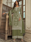Vegaa Fashion Olive Premium Net Embroidered Traditional Palazzo Suit | Grocsy