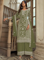 Vegaa Fashion Olive Premium Net Embroidered Traditional Palazzo Suit | Grocsy
