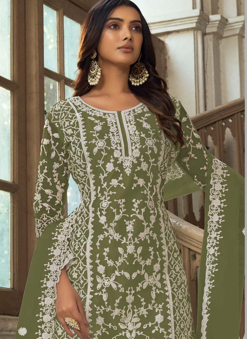 Vegaa Fashion Olive Premium Net Embroidered Traditional Palazzo Suit | Grocsy