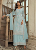 Vegaa Fashion Sky Blue Premium Net Embroidered Traditional Palazzo Suit | Grocsy