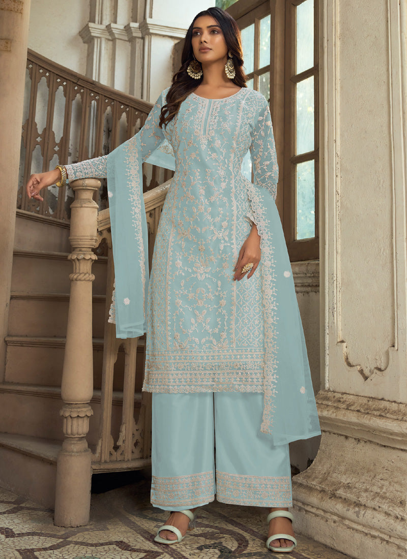 Vegaa Fashion Sky Blue Premium Net Embroidered Traditional Palazzo Suit | Grocsy