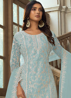 Vegaa Fashion Sky Blue Premium Net Embroidered Traditional Palazzo Suit | Grocsy