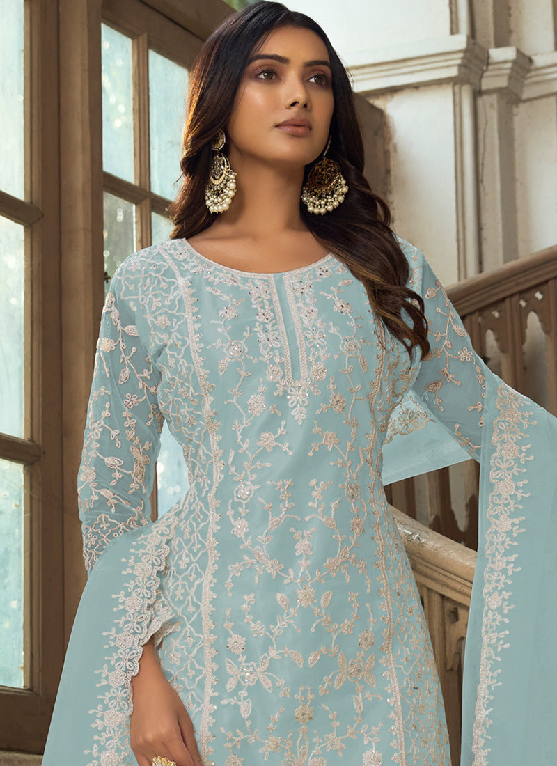 Vegaa Fashion Sky Blue Premium Net Embroidered Traditional Palazzo Suit | Grocsy