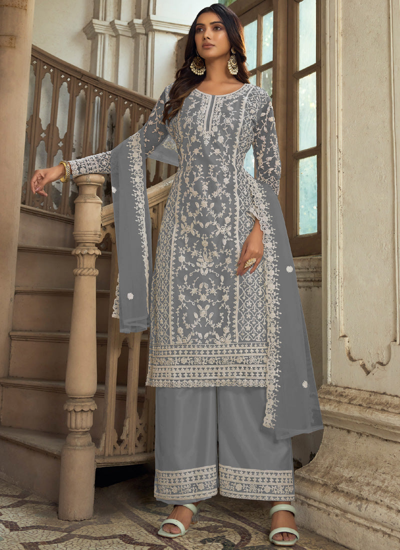 Vegaa Fashion Grey Premium Net Embroidered Traditional Palazzo Suit | Grocsy