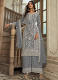 Vegaa Fashion Grey Premium Net Embroidered Traditional Palazzo Suit | Grocsy