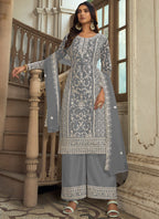 Vegaa Fashion Grey Premium Net Embroidered Traditional Palazzo Suit | Grocsy