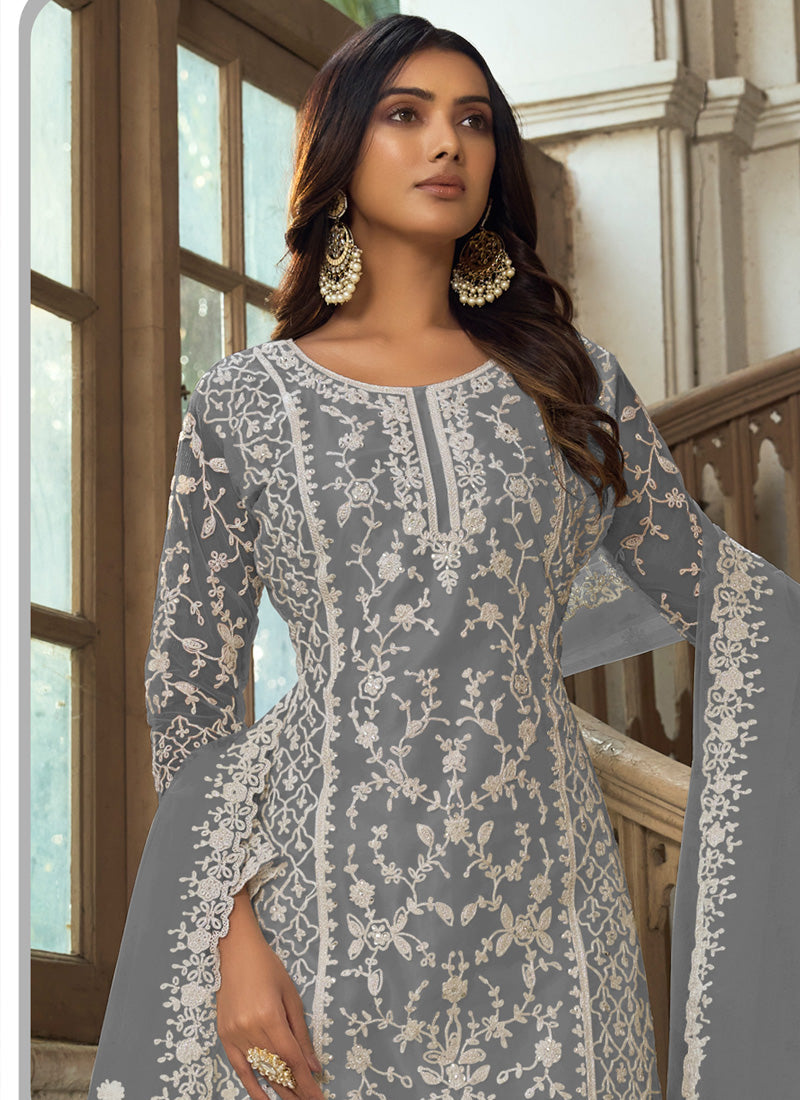 Vegaa Fashion Grey Premium Net Embroidered Traditional Palazzo Suit | Grocsy