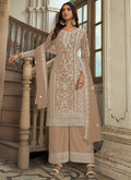 Vegaa Fashion Beige Premium Net Embroidered Traditional Palazzo Suit | Grocsy