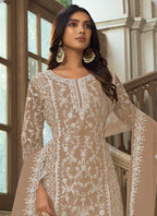 Vegaa Fashion Beige Premium Net Embroidered Traditional Palazzo Suit | Grocsy