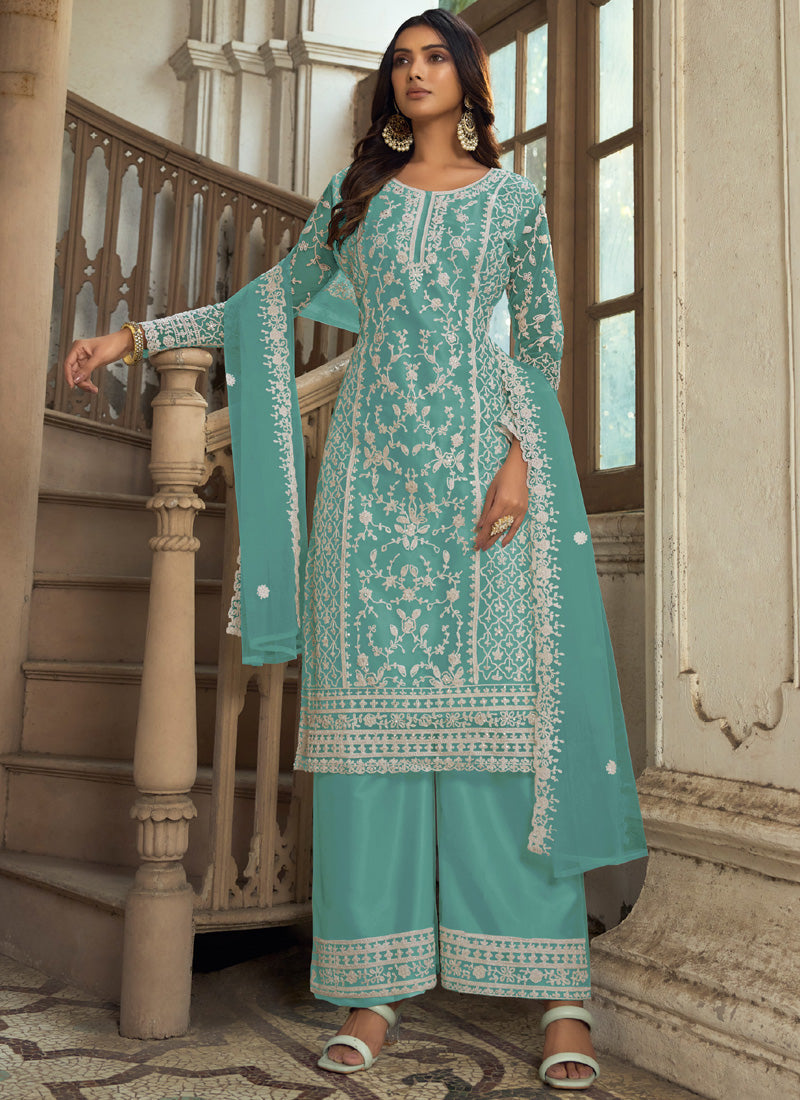 Vegaa Fashion Aqua Blue Premium Net Embroidered Traditional Palazzo Suit | Grocsy