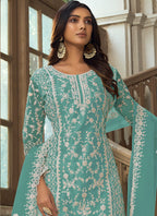 Vegaa Fashion Aqua Blue Premium Net Embroidered Traditional Palazzo Suit | Grocsy