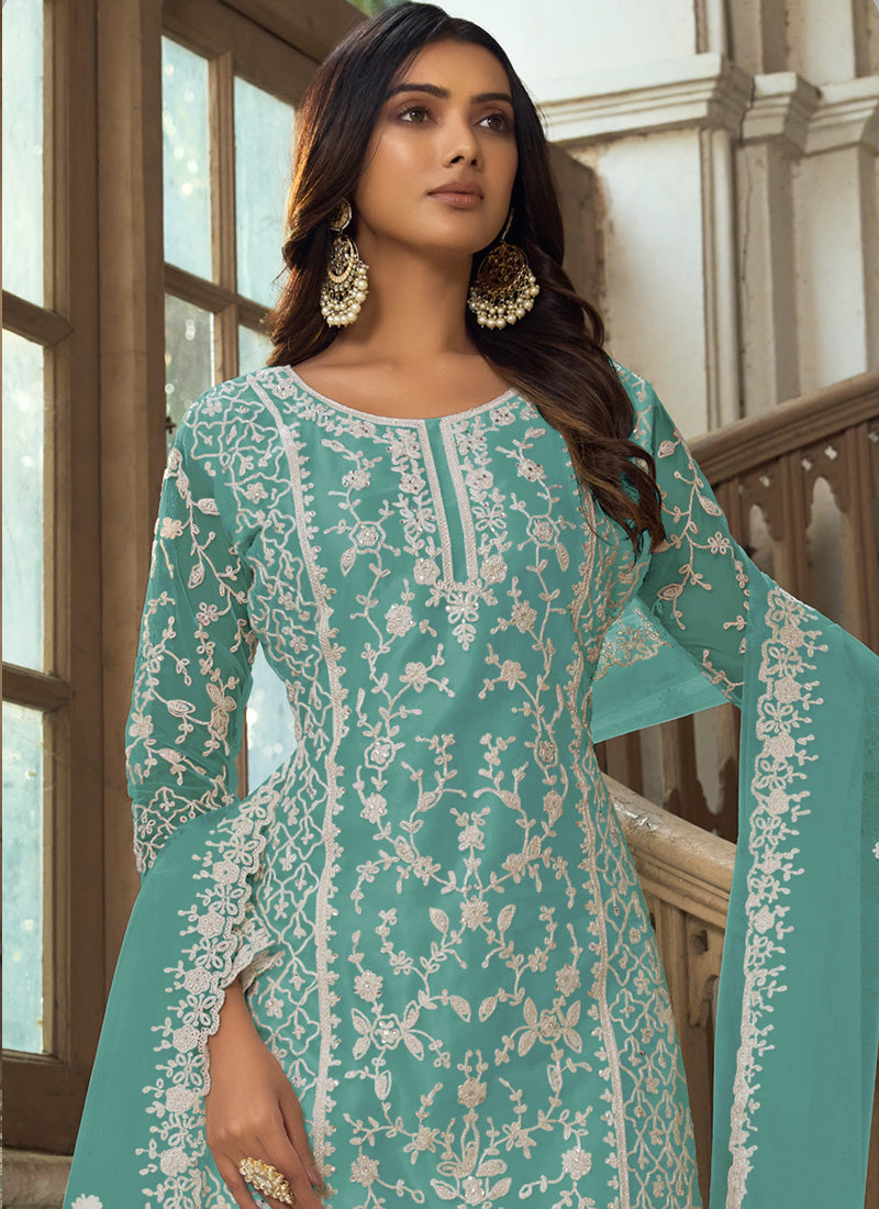 Vegaa Fashion Aqua Blue Premium Net Embroidered Traditional Palazzo Suit | Grocsy