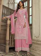Vegaa Fashion Pink Premium Net Embroidered Traditional Palazzo Suit | Grocsy