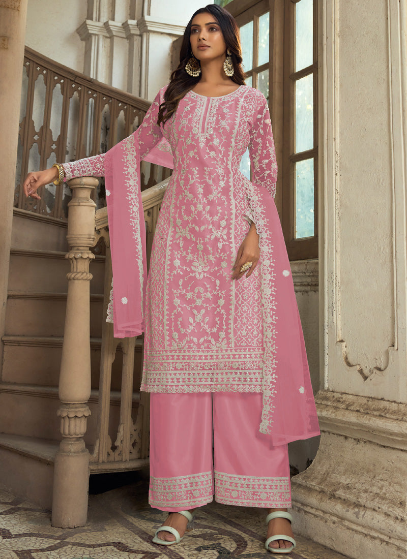 Vegaa Fashion Pink Premium Net Embroidered Traditional Palazzo Suit | Grocsy