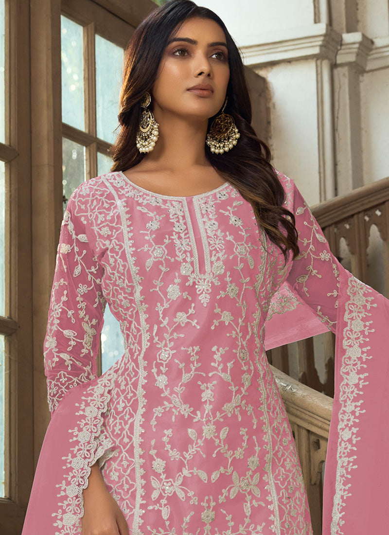 Vegaa Fashion Pink Premium Net Embroidered Traditional Palazzo Suit | Grocsy