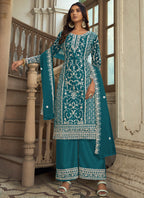 Vegaa Fashion Teal Premium Net Embroidered Traditional Palazzo Suit | Grocsy