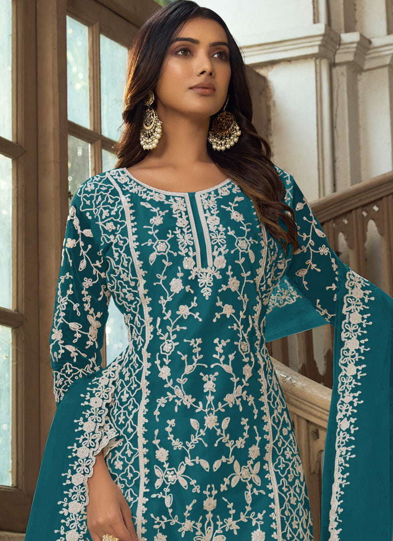 Vegaa Fashion Teal Premium Net Embroidered Traditional Palazzo Suit | Grocsy