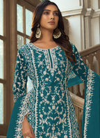 Vegaa Fashion Teal Premium Net Embroidered Traditional Palazzo Suit | Grocsy