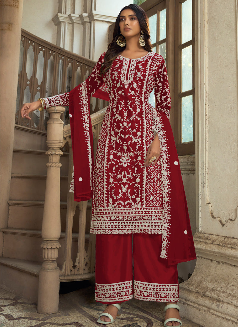 Vegaa Fashion Maroon Premium Net Embroidered Traditional Palazzo Suit | Grocsy