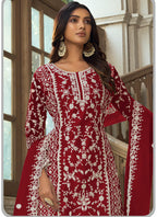 Vegaa Fashion Maroon Premium Net Embroidered Traditional Palazzo Suit | Grocsy