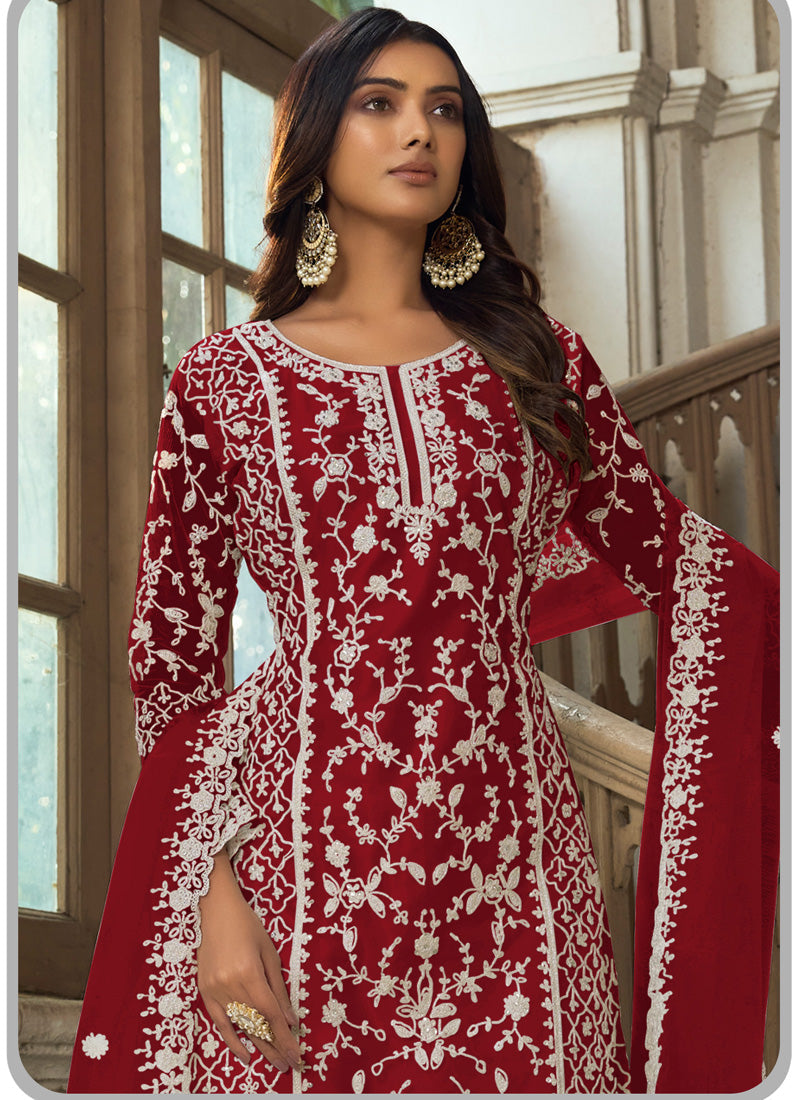 Vegaa Fashion Maroon Premium Net Embroidered Traditional Palazzo Suit | Grocsy