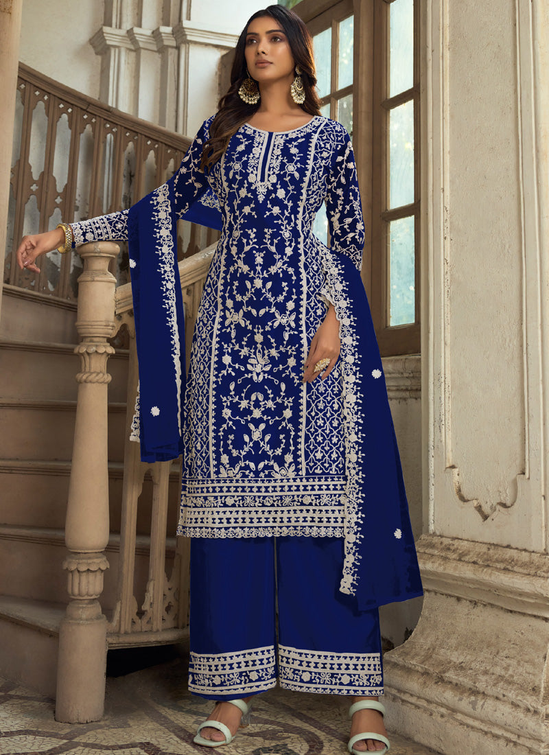 Vegaa Fashion Blue Premium Net Embroidered Traditional Palazzo Suit | Grocsy