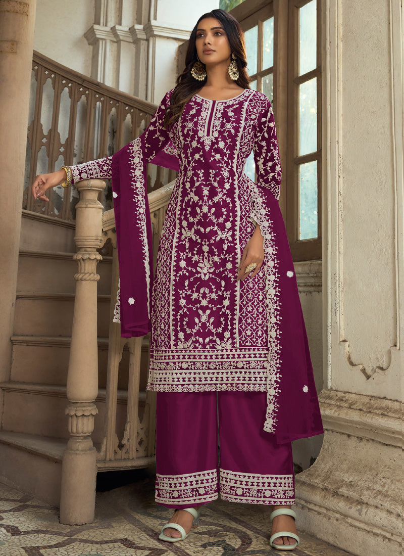Vegaa Fashion Wine Premium Net Embroidered Traditional Palazzo Suit | Grocsy