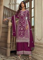Vegaa Fashion Wine Premium Net Embroidered Traditional Palazzo Suit | Grocsy