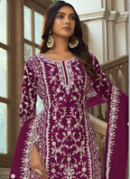 Vegaa Fashion Wine Premium Net Embroidered Traditional Palazzo Suit | Grocsy