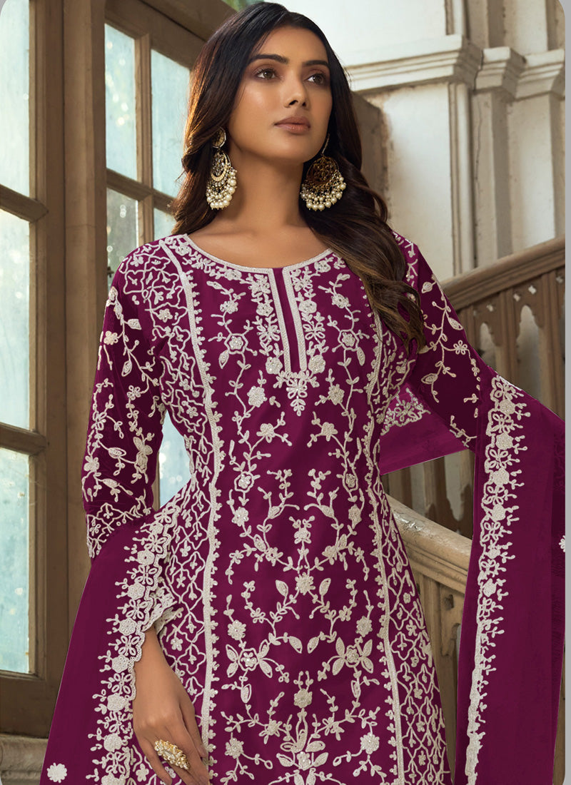 Vegaa Fashion Wine Premium Net Embroidered Traditional Palazzo Suit | Grocsy