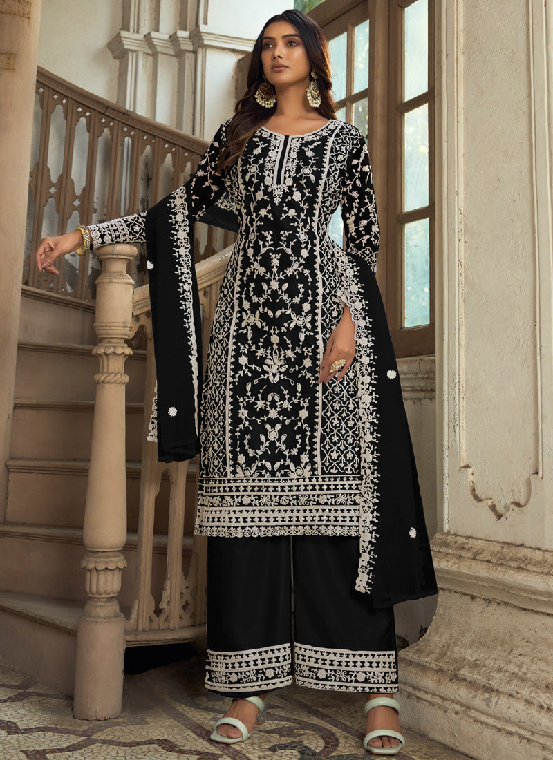 Vegaa Fashion Black Premium Net Embroidered Traditional Palazzo Suit | Grocsy