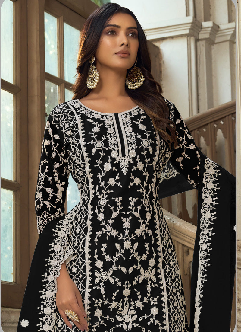 Vegaa Fashion Black Premium Net Embroidered Traditional Palazzo Suit | Grocsy