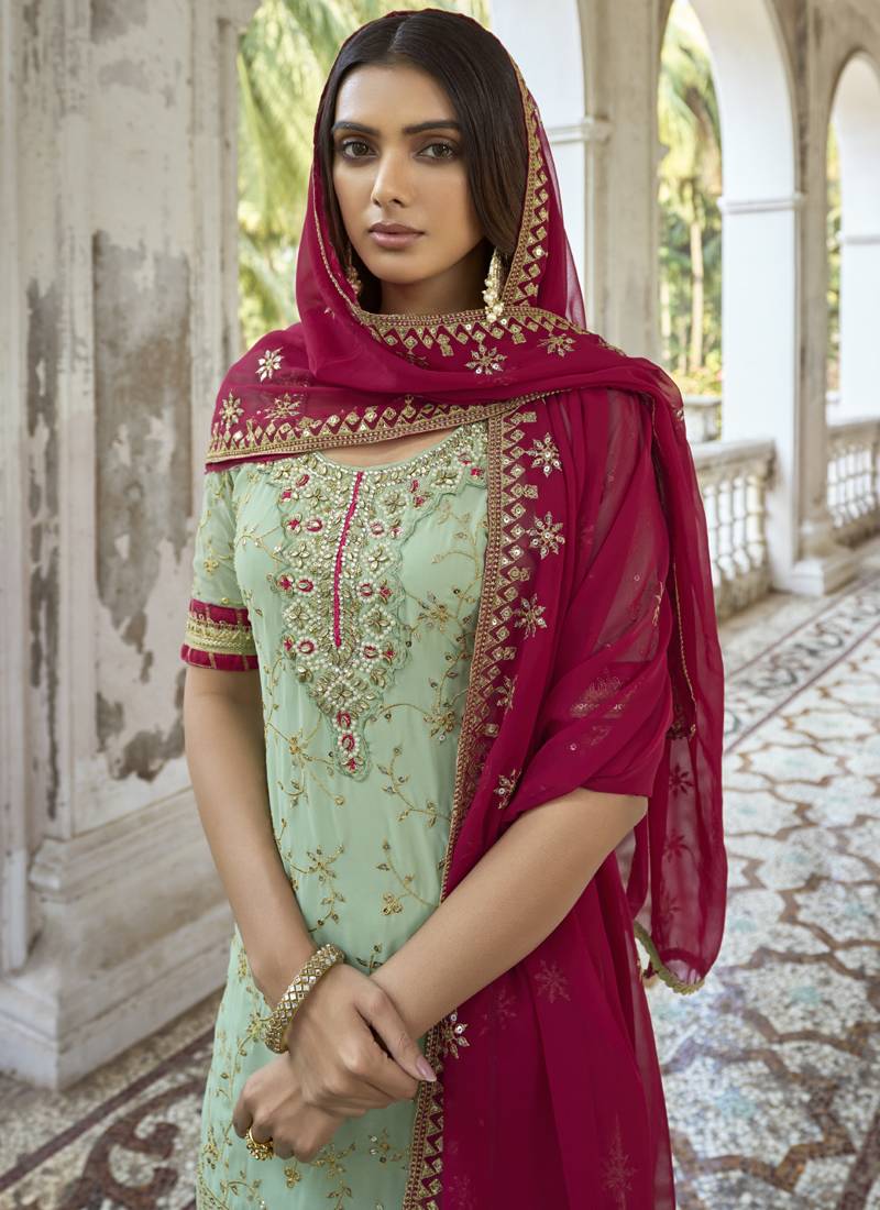 Vegaa Fashion Sea Green Georgette Embroidery Party Wear Palazzo | Grocsy