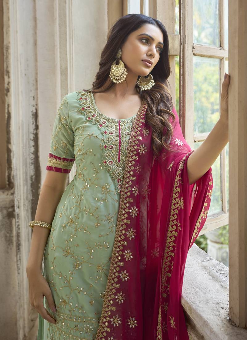 Vegaa Fashion Sea Green Georgette Embroidery Party Wear Palazzo | Grocsy